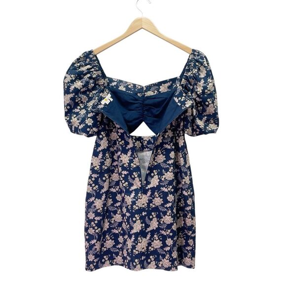 Boden Navy Floral Chintz Bloom Puff Sleeve Cut Out Mini Dress Cotton Size US 4 - Picture 5 of 11